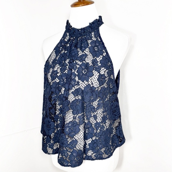 SOLD-Free People Navy Blue Halter High Neck Sleeveless Floral Mesh Crochet Lace - Picture 5 of 12